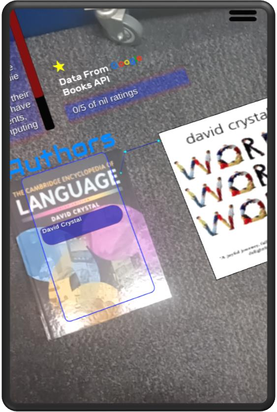 Pisica augmented reality view showing book covers, authors and rating information